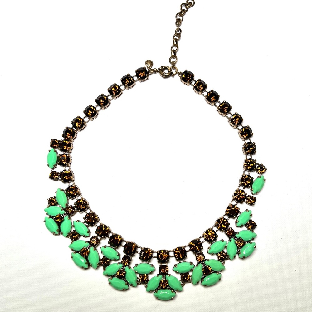 J Crew green & amber colored crystal bib necklace w dust bag